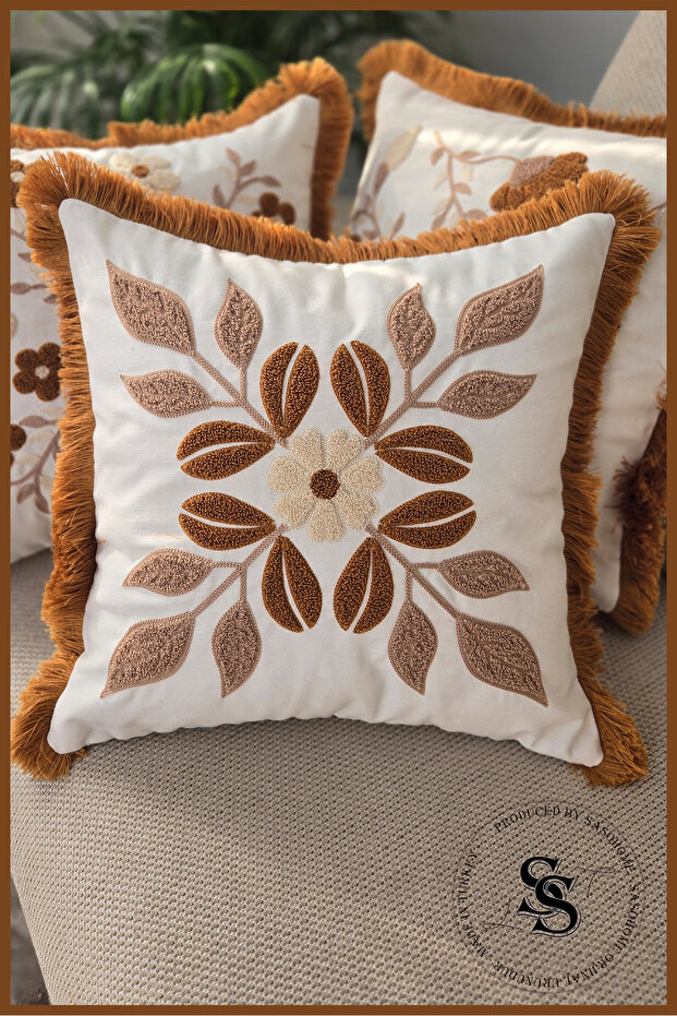 غطاء وسادة كتان Beauty Flowers بنقشة مطرزة بتقنية Punch