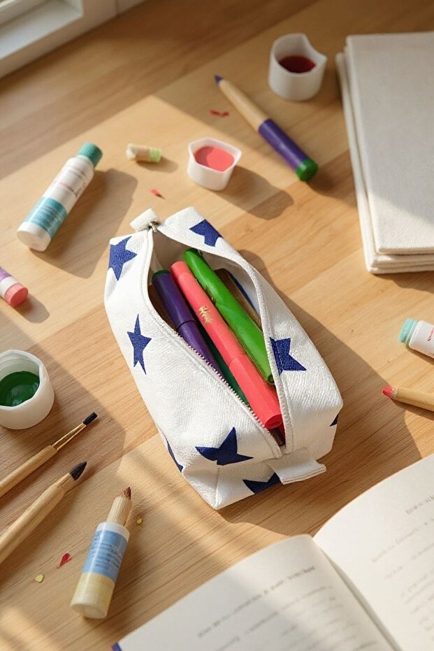 Kalemlik Yıldızlı Geniş Kalem Kutusu Kalemlik Makyaj Çantası Çok Amaçlı Organizer - 1