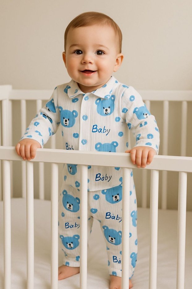 Blue Baby Teddy Bear 2-Piece Organic Baby Bodysuit Set Hospital Release