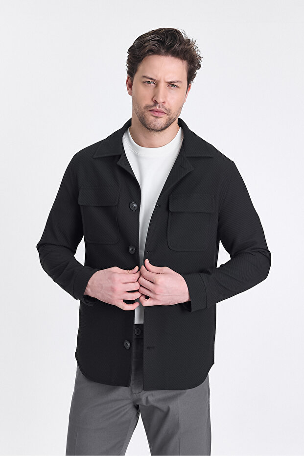 Dolex Men's Black Diagonal Lycra Fabric Overshirt Sports Jacket