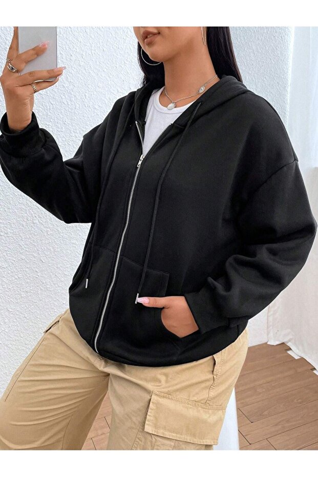 Basic Düz Hırka - Siyah Oversize Kapüşonlu - 2