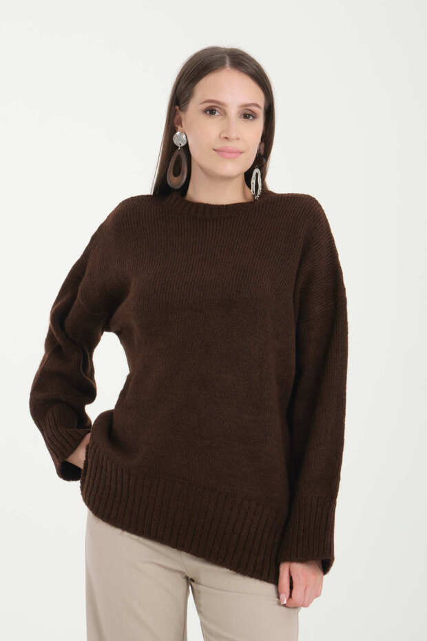 Oversize Basic Kahve Uzun Kadın Kazak - 7
