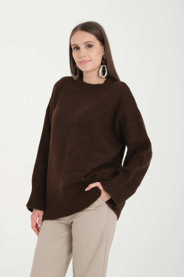 Oversize Basic Kahve Uzun Kadın Kazak - 1