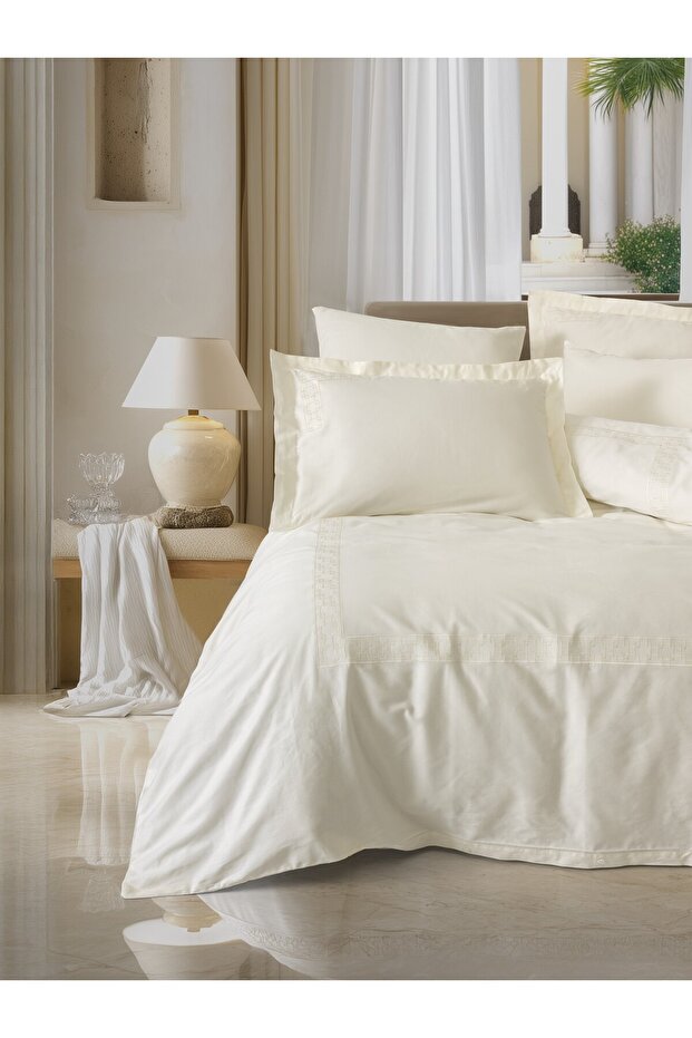 Embroidered Satin Double Duvet Cover Set Luxe Ecru