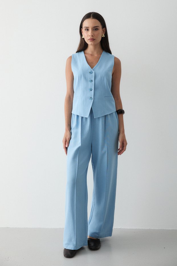 Women's Blue Buttoned Vest & Palazzo Elastic Waist Trousers Linen Suit