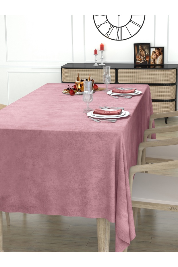 Daily Series Kadife Dokulu Buğulu Gül Rengi Masa Örtüsü - 4