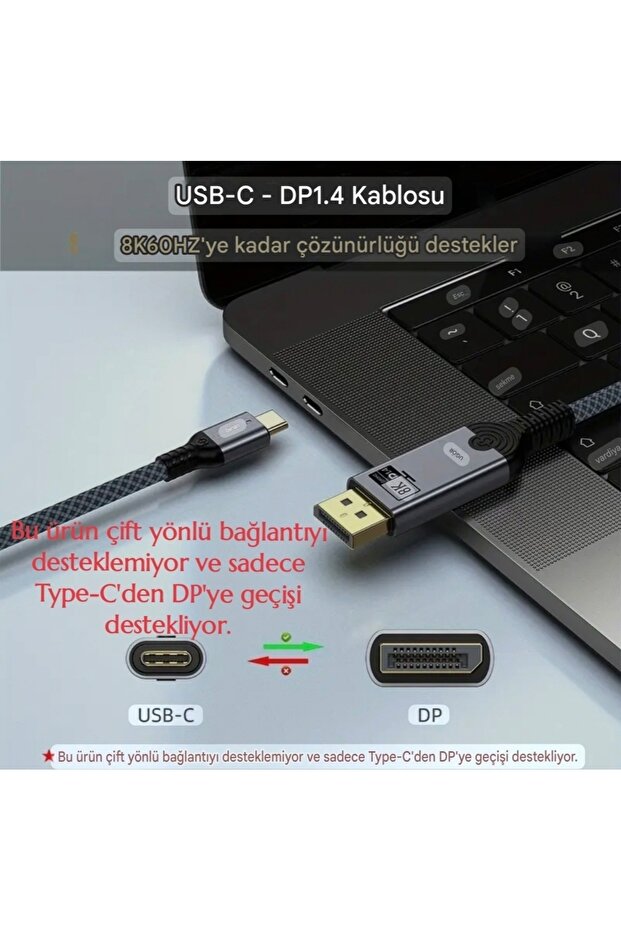 1-Metre Type-C To Displayport Dp 1.4 8K+4K Çevirici Kablo Ce Lisanslı Hasır Orgülü Sağlam Kablo - 3