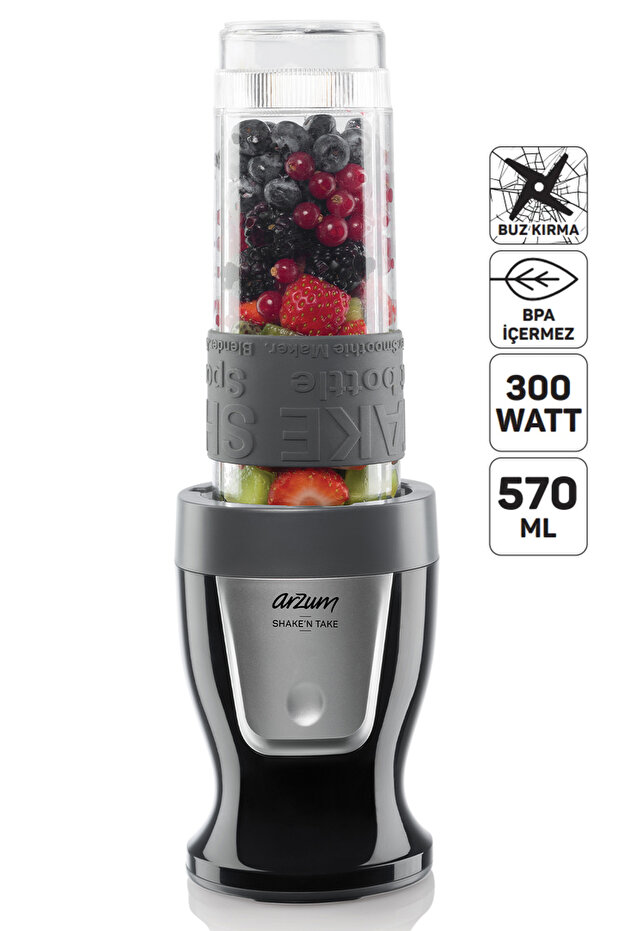 Arzum Shake’N Take One Kişisel Smoothie Blender Buz Kırma 300W 570ml Şişe Siyah - AR1120