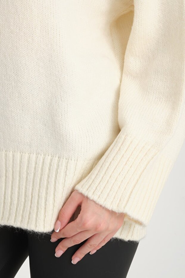 Oversize Basic Ekru Uzun Kadın Kazak - 5