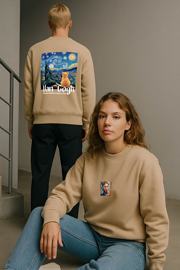 سويت شيرت Lenithra Starry Night من الأمام والخلف مطبوع للجنسين باللون البيج