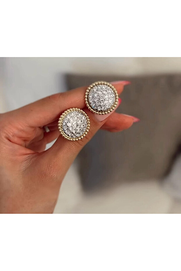 New Season Gold Zircon Stone Detailed Button Earring