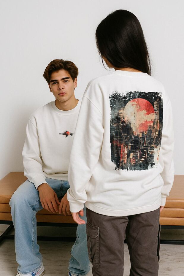 Lenithra City Back Printed Unisex Oversize White Sweatshirt