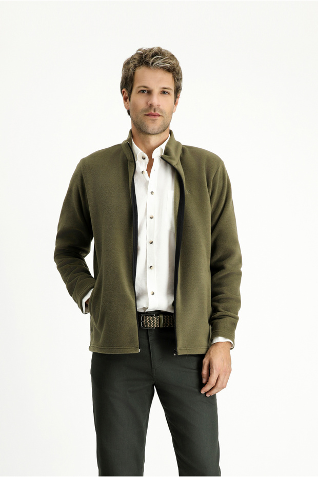 Dik Yaka Tam Fermuarlı Soğuk Geçirmez Tüylenme Yapmayan Cepli Polar Sweatshirt - 1