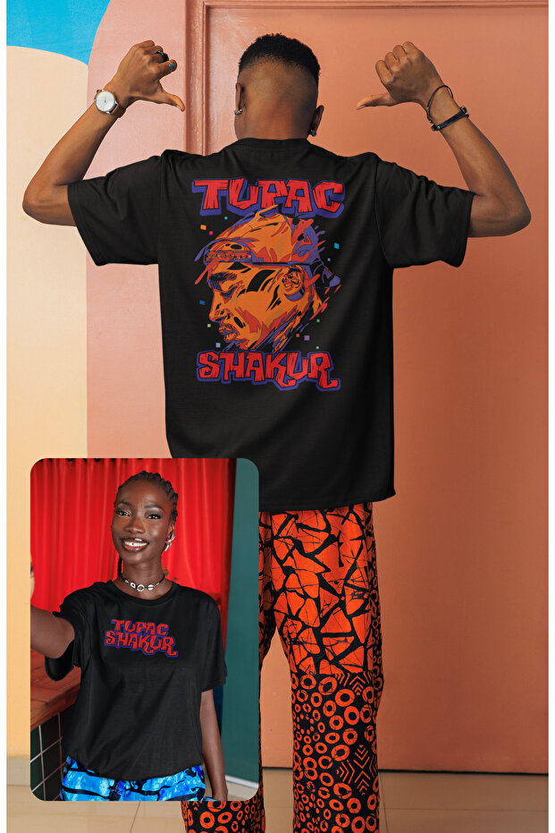 تيشيرت كبير الحجم مطبوع عليه ظهر 2Pac Shakur، تيشيرت موسيقى Tupac Rap للجنسين