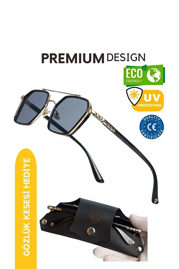 Güneş Gözlüğü Kadın & Erkek Uv400 Cam Ce Belgeli Gold Siyah Re0039w - 1