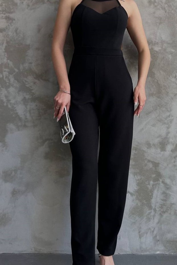 Women's Crepe Fabric Tulle Transparent Detail Round Neck Sleeveless Black Jumpsuit 12132