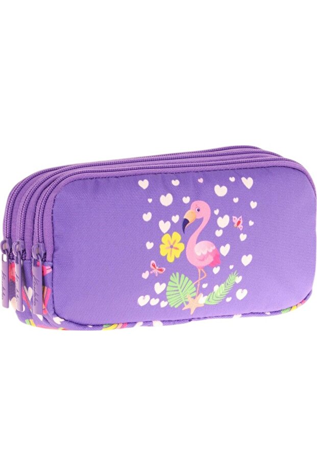 Kids 3 Compartment Pencil Bag (Cheerful Flamıngo)Krn-L8226