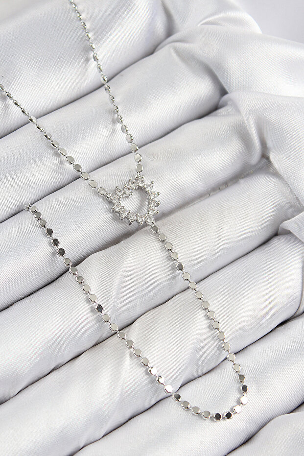 Brass Zircon Stone Crushed Chain Heart Model Silver Color Y Necklace