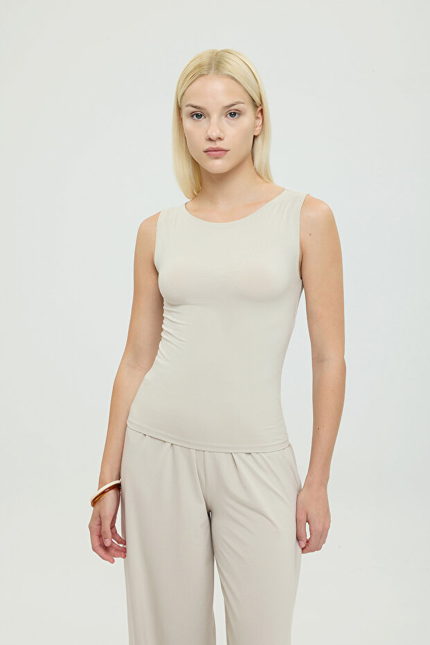 Ultra Soft Boat Neck Sleeveless Blouse Beige