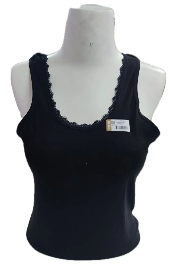 Women's Tank Top with Wide Strap Lace Detail - Black