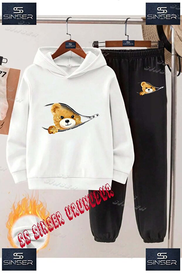 Children's Unisex "Zippered Teddy Bear Half" Special Printed Hooded Tracksuit Set