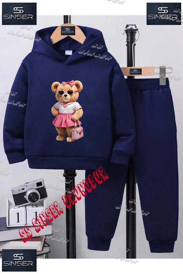 Children's Unisex "Bear Pink Skirt Bag" Special Printed Hooded Tracksuit Set