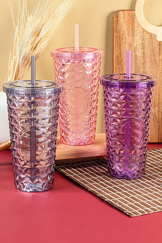 Pipetli Mika Bardak 750 ml - Kapaklı ve Pipetli İçecek ve Meşrubat Bardağı - 6