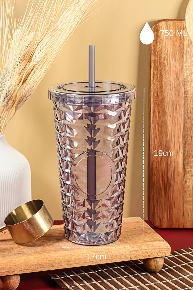 Pipetli Mika Bardak 750 ml - Kapaklı ve Pipetli İçecek ve Meşrubat Bardağı - 4