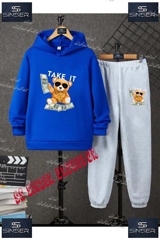 Children's Unisex "Bear Take It White" Special Printed Hooded Tracksuit Set