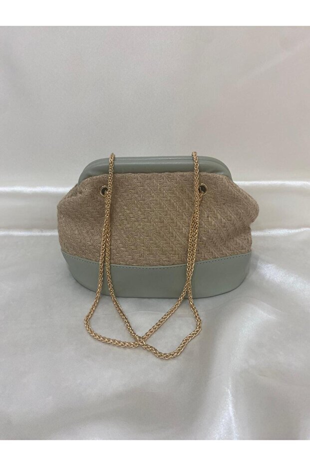 Women's Straw Bundle Form Gold Detailed Chain Hand and Shoulder Crossbody Bag