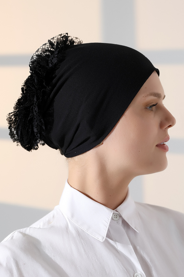 Women's Ruffled Laced Hijab Bun Bonnet - Black