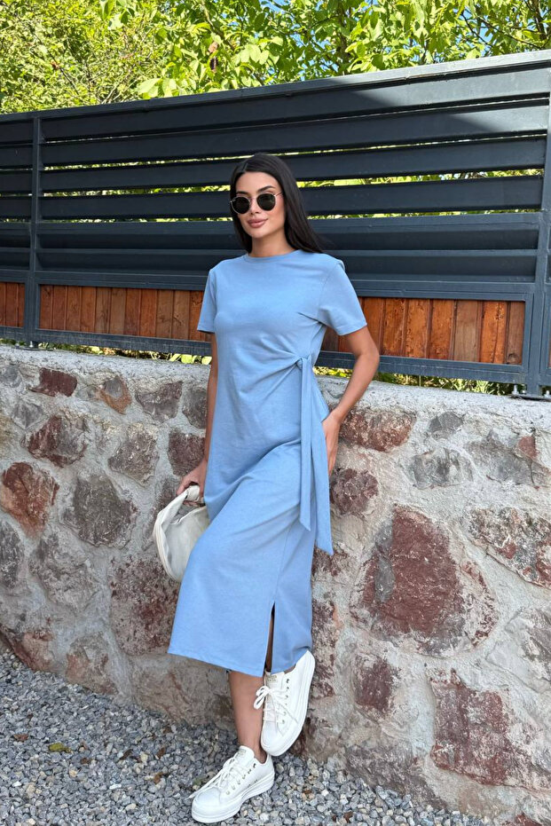 Mavi – Yan Bağcıklı Yırtmaçlı Uzun Elbise - 2