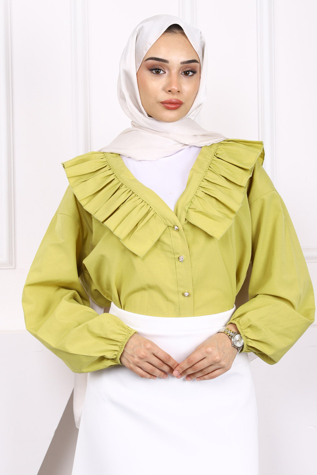Oil Green Collar Ruffle Button Shirt