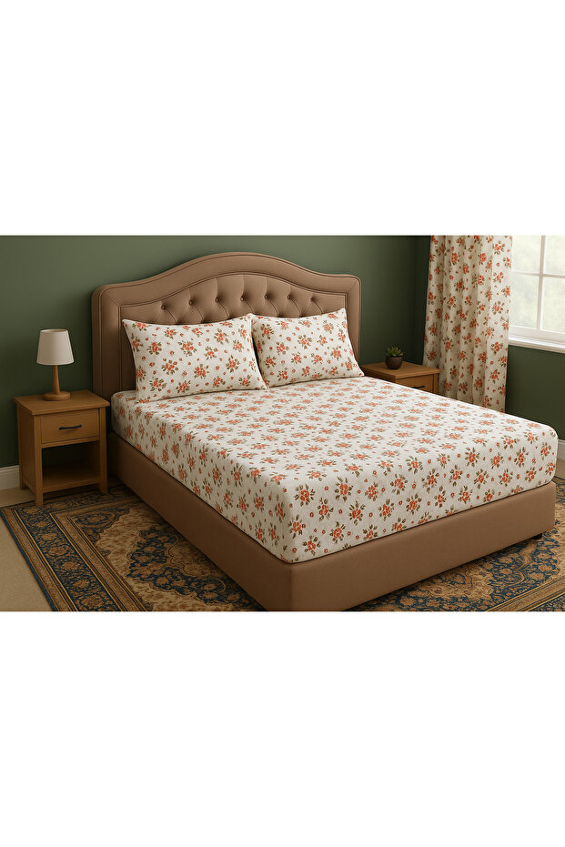 ملاءة مطاطية قطنية مزدوجة + 2 قطعة من أغطية الوسائد طقم سرير متين منقوش - 2