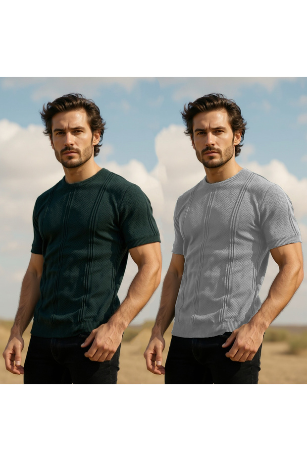 Men's 2-Piece Short Sleeve Knitwear T-Shirt Set – Emerald Green & Gray Stripe Patterned Bagel Collar