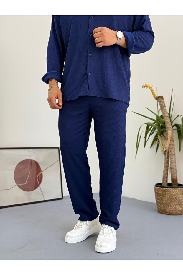 Unisex Relaxed Fit Wrinkle Crinkle Fabric Trousers