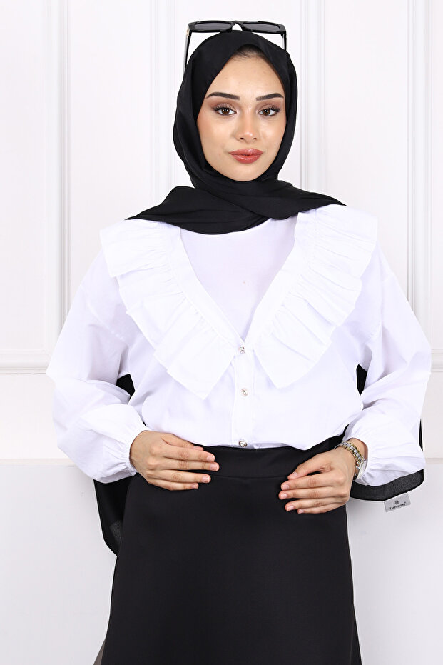 Ecru Collar Ruffled Buttoned Shirt
