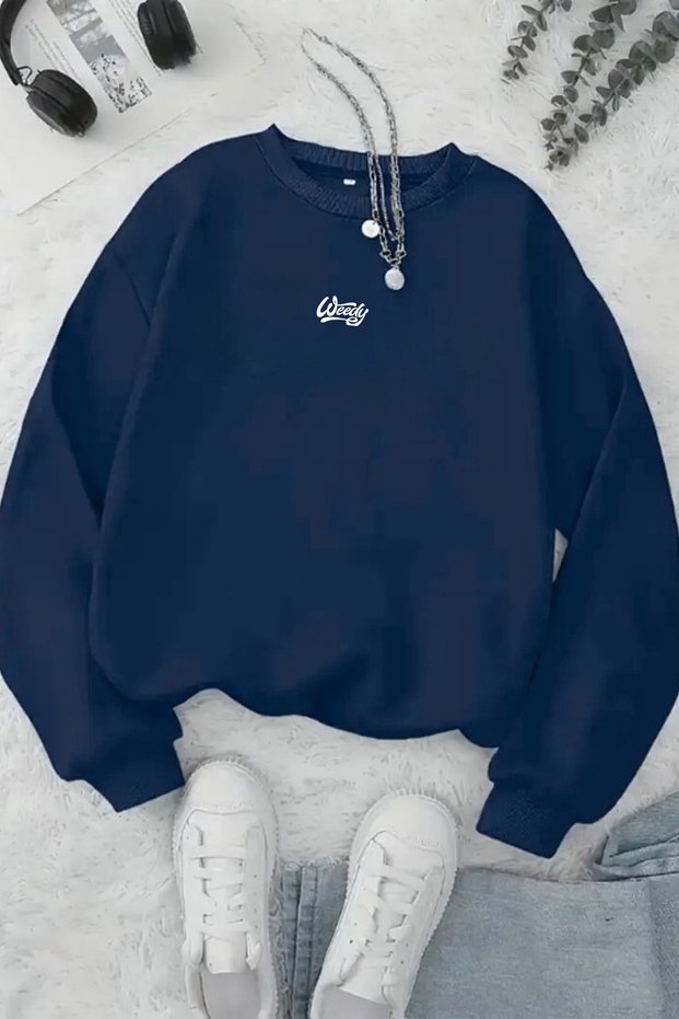 Unisex Navy Blue Mini Weedy Printed Crew Neck Sweatshirt - Winter Embossed Fabric