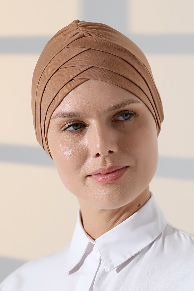 Cross 3 Stripes Double Sided Women's Hijab Bonnet Light Brown