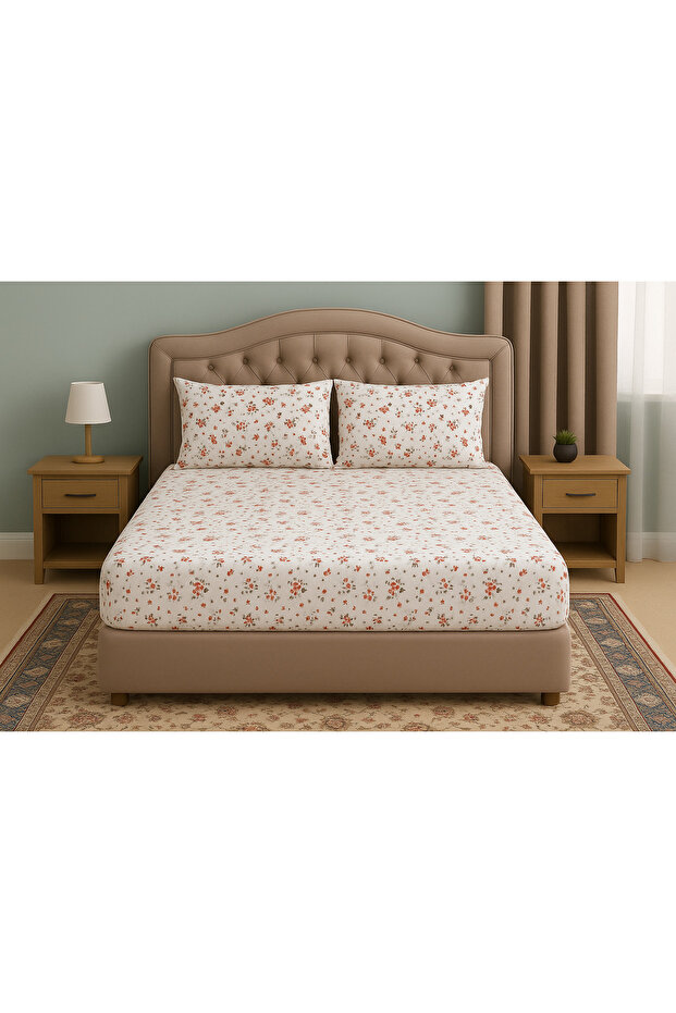 ملاءة مطاطية قطنية مزدوجة + 2 قطعة من أغطية الوسائد طقم سرير متين منقوش - 1