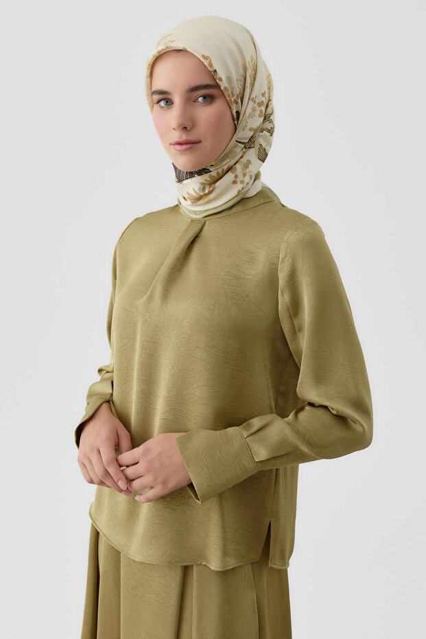 Ters Manşetli Bluz - Olive - 3