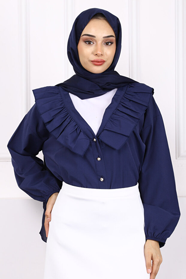 Navy Blue Collar Ruffled Buttoned Shirt