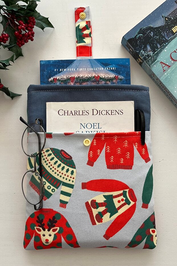 Two Compartment Linen Book Sleeve Winter Themed Padded Fabric Organizer Bookworm Gift