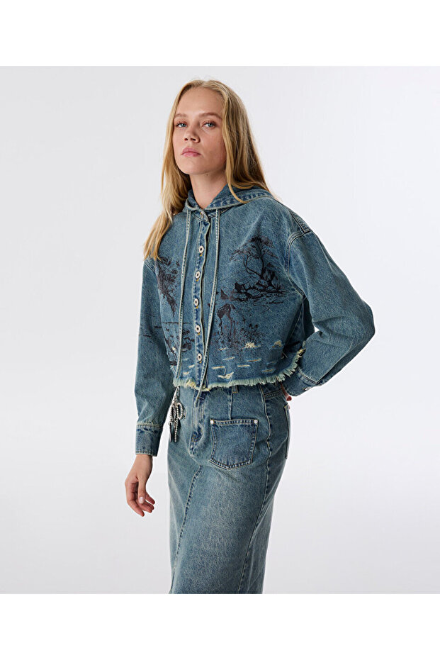 GÖRSEL BASKILI JEAN CEKET - 5