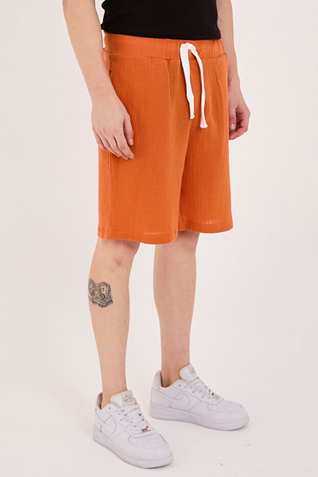 %100 Pamuk Relaxed Fit Yazlık Unisex Müslin Şort Turuncu - 7