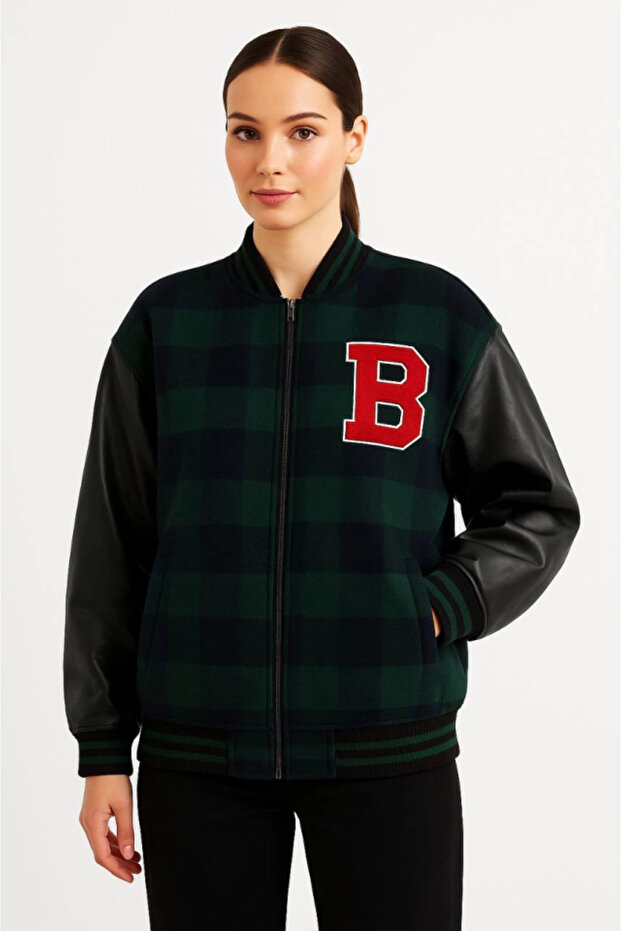 Lumberjack College Jacket with Faux Leather Sleeves and Lining - Khaki