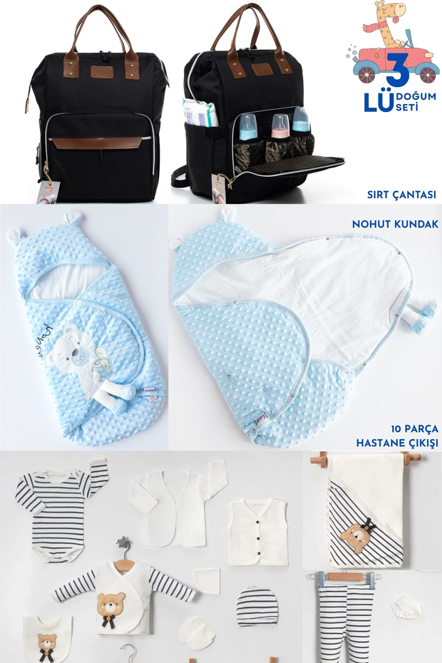 3-Piece Birth Set (Snap Fastener Chickpea Swaddle, Baby Care Backpack and 10 Piece Hospital Exit Set)