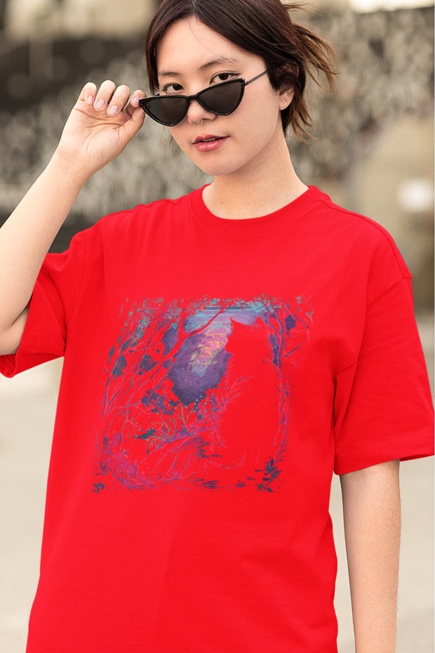 Men/Women Cat Landscape Transfer Printed Round Neck Short Sleeve T-Shirt