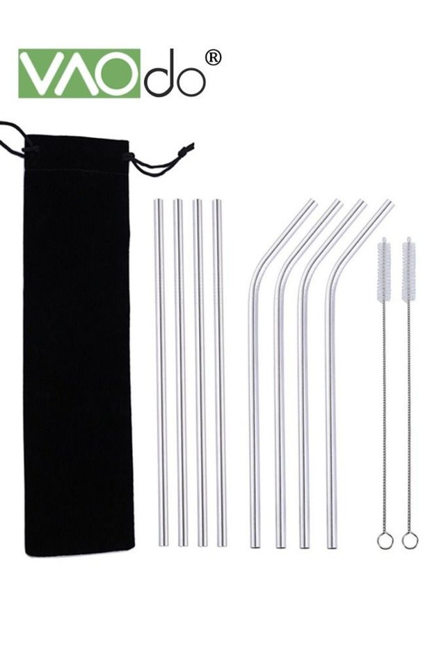 10PCS Reusable Stainless Steel Metal Straws with with Storage Bag Long Drinking Straws with 2 Clea