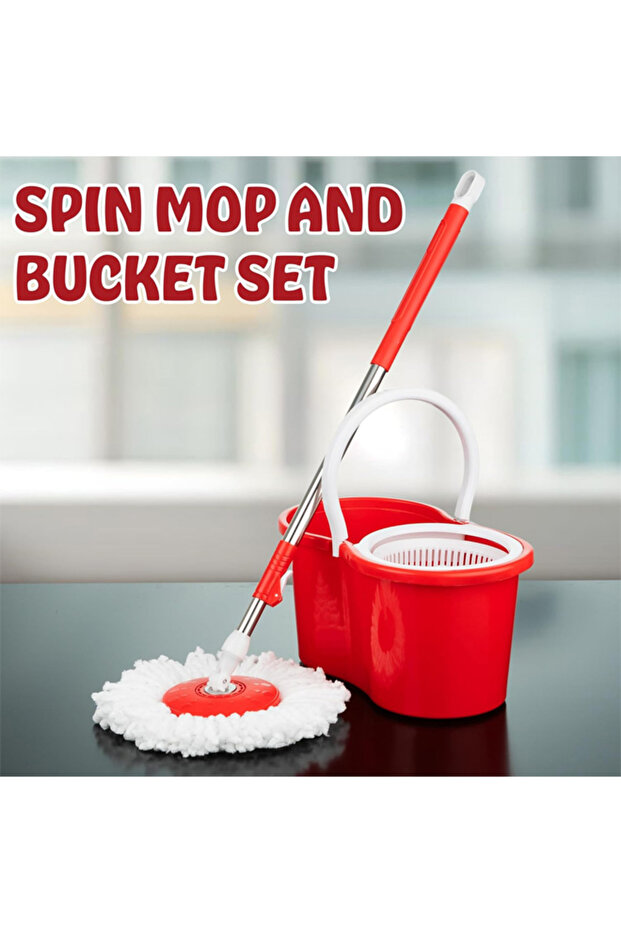 Spin mop and bucket set with 2 microfiber heads and 360 degree rotating handle for floor cleaning - 4